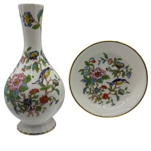 Aynsley Pembroke Bone China Vase and Trinket Dish Set Birds Flowers Gold Trim